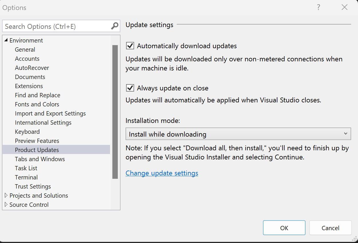 Képernyőkép a Visual Studio IDE Beállítások ablakának Frissítések beállításairól.