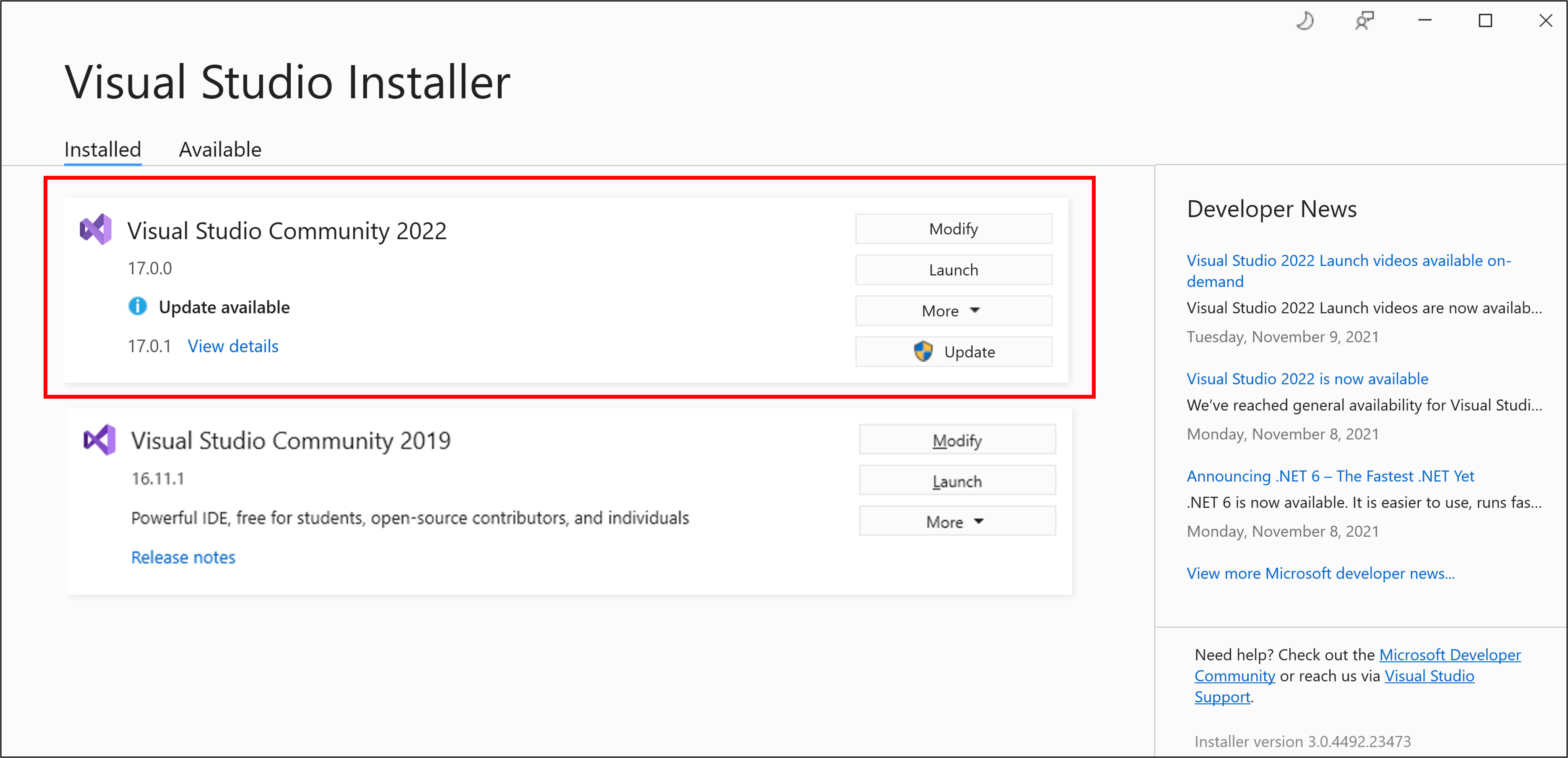 Képernyőkép a Frissítés gombról és üzenetről a Visual Studio Installerben, ha új frissítés érhető el.