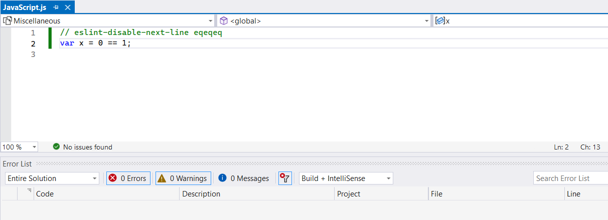 Letiltott linting szabály képernyőképe.