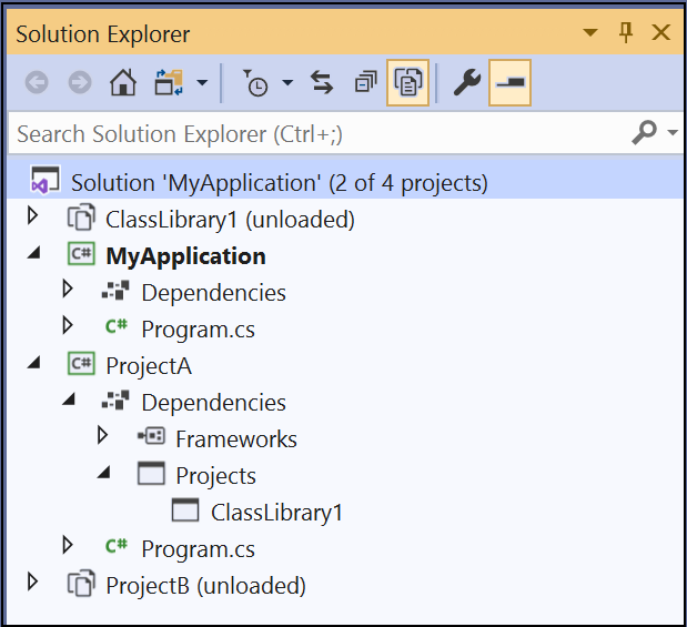 Szűrt megoldás képernyőképe a Visual Studio