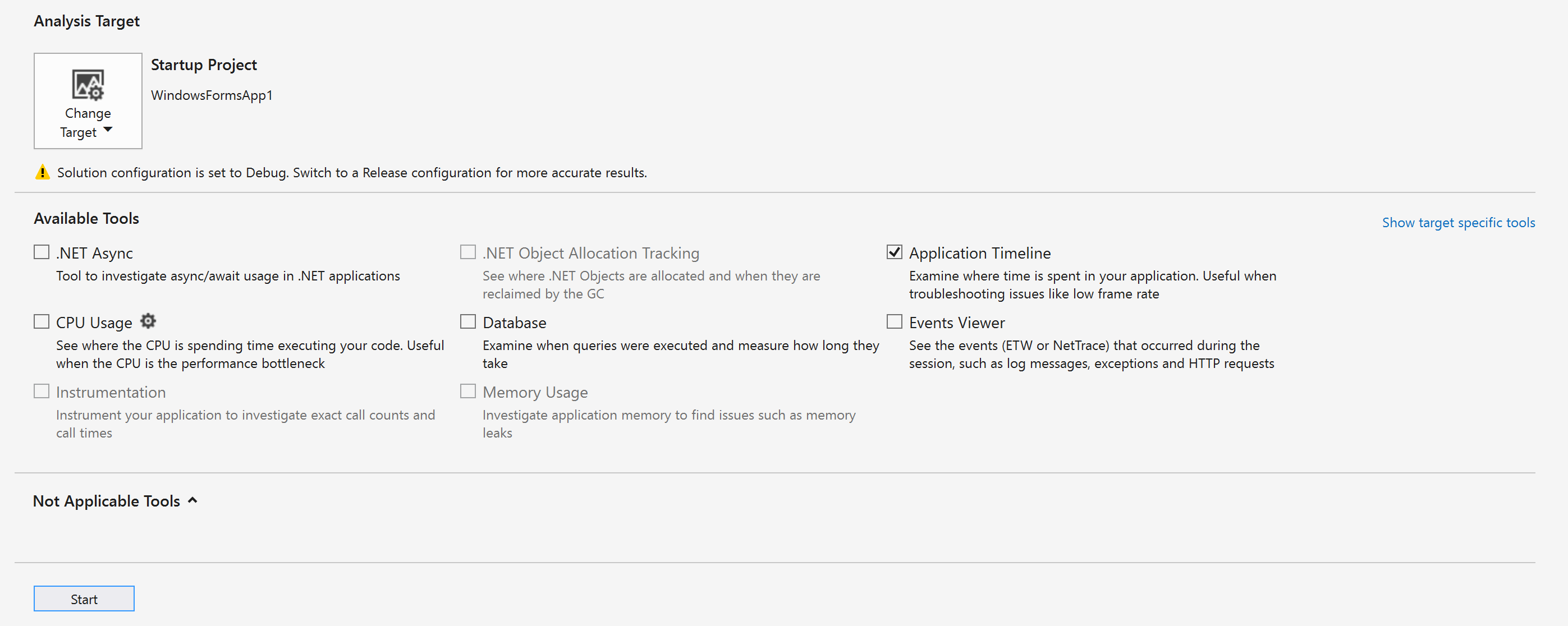 Application Timeline Tool Selected