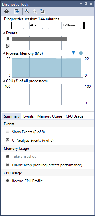 Képernyőkép a Visual Studio hibakereső Diagnosztikai eszközök ablakáról, amelyen az események idővonala és a memória- és PROCESSZORhasználat grafikonjai láthatók.