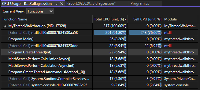 Diagnostics Tools Functions nézetet bemutató képernyőkép.