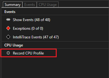 Képernyőkép a Cpu-profil rögzítése gombról.