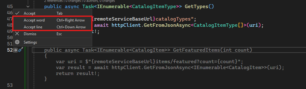 Kódkiegészítések csatornamenüje