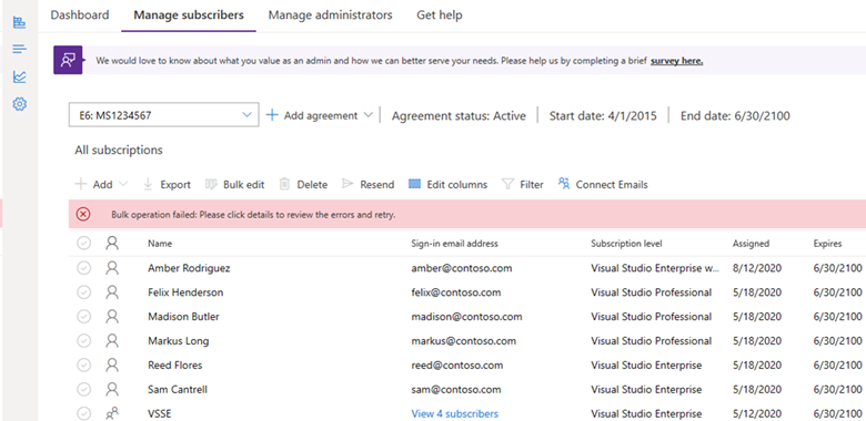 Hibaüzenet, ha több előfizető feltöltése meghiúsul,