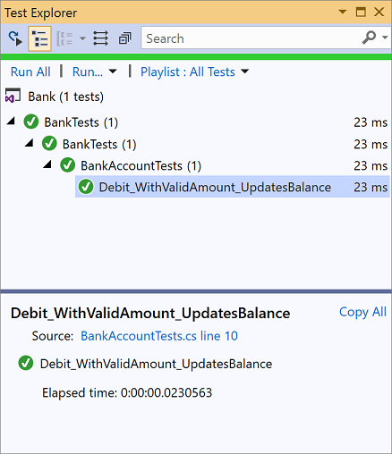Test Explorer a Visual Studio 2019-ben a sikeres tesztek megjelenítése