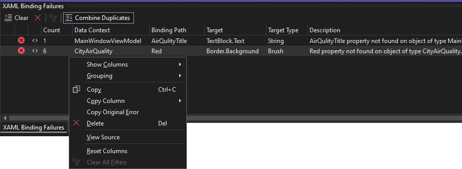 Képernyőkép az XAML kötési hibák eszközablakáról.