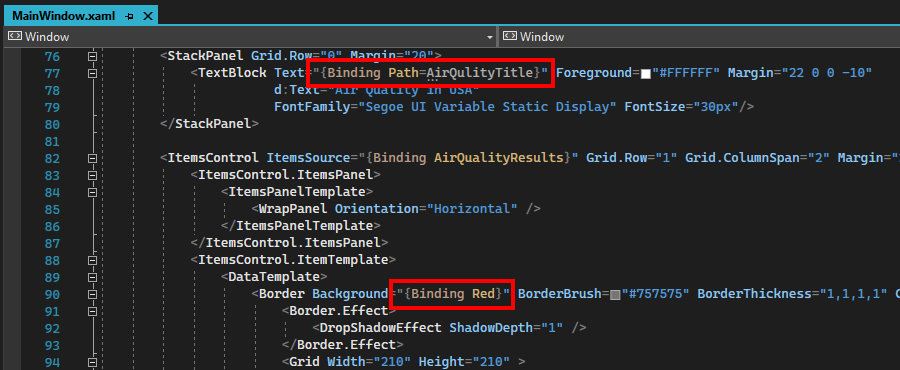 Példakötések képernyőképe az XAML-szerkesztőben.
