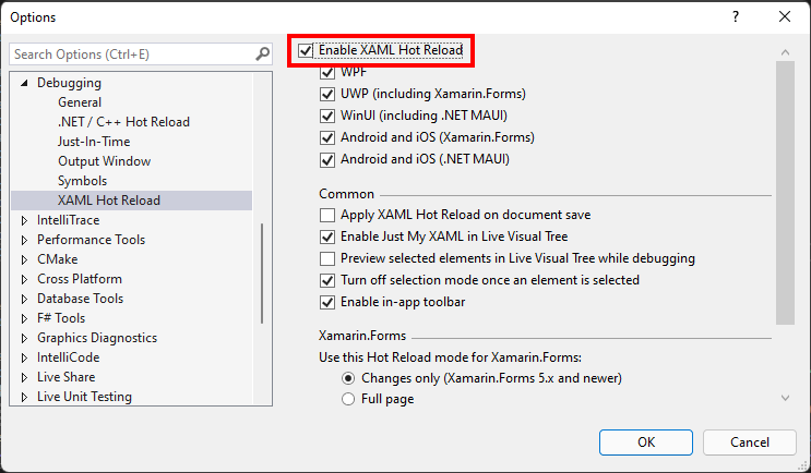 Képernyőkép az XAML Hot Reload lehetőségekről az Eszközök beállítások párbeszédpanelben.