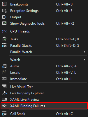 Képernyőkép a Hibakeresés menü XAML-kötési hibák lehetőségéről.