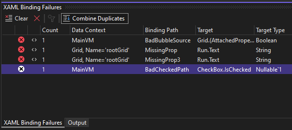 A forráshely nélküli XAML-kötési hibát ábrázoló képernyőkép.