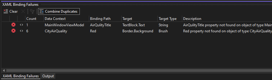 Képernyőkép az XAML kötési hibák eszközablakáról.