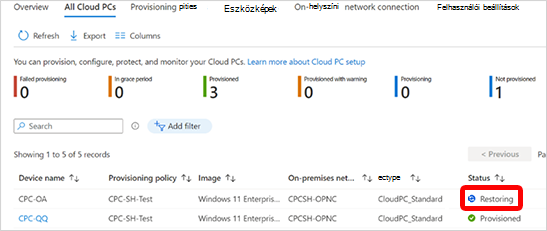 Képernyőkép a felhőbeli PC visszaállítási állapotáról