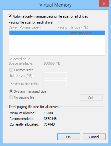 Képernyőkép a Virtuális memória párbeszédpanelről a Windows beállításai között.