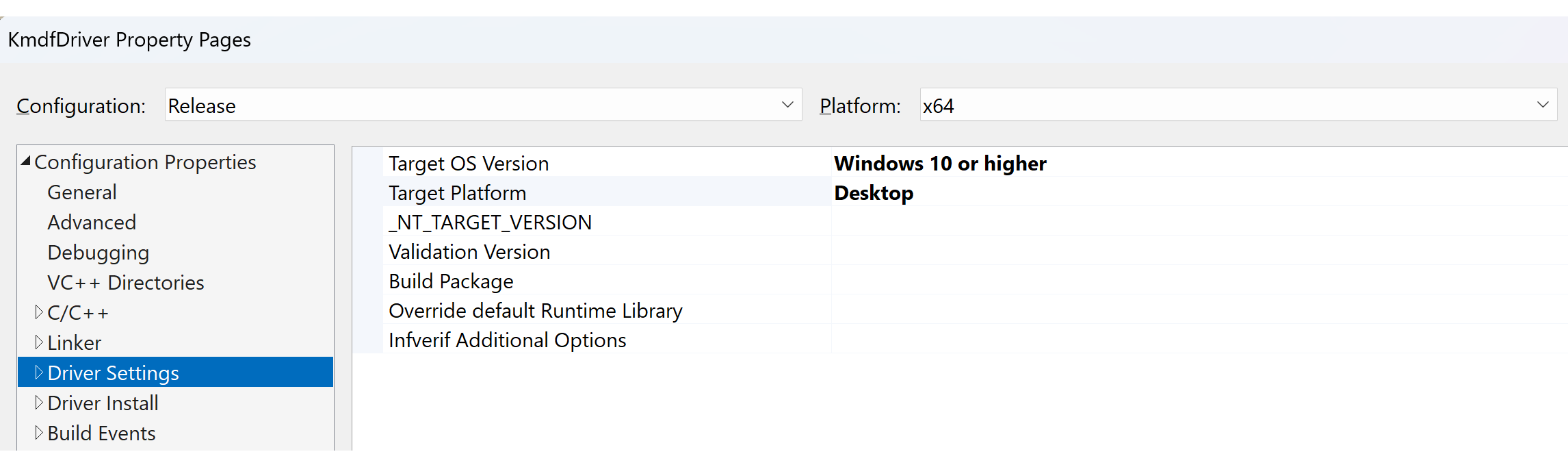 Visual Studio KMDF Driver Settings.