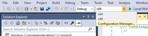 Képernyőkép a Visual Studio eszköztáráról, amelyen a Configuration Manager lehetőség látható a megoldásplatform legördülő menüjében.