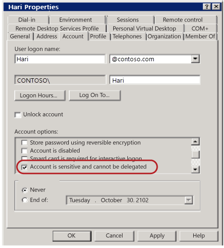 Képernyőkép az Active Directory-fiók tulajdonságainak ablakáról. A 