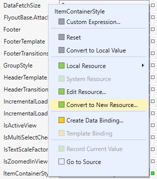 Visual Studio property menu