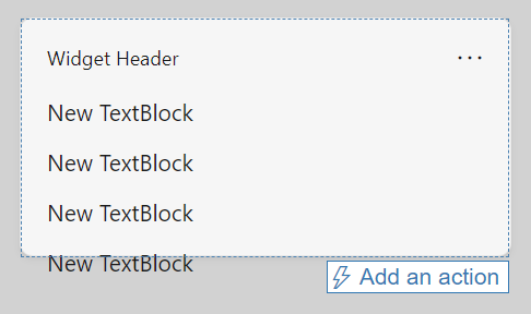 Egy adaptív kártya folyamatban. Egy widgetet jelenít meg, amely négy sort tartalmaz a New TextBlock szöveget tartalmazó szöveggel. A négy sornyi szöveg túlcsordul a widget alsó szegélyén.