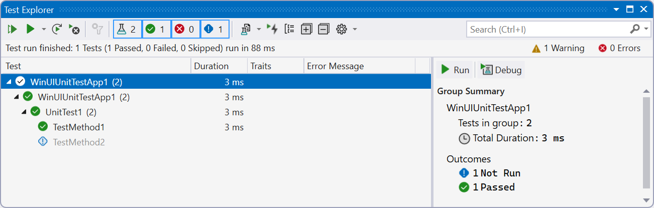 A Test Explorer ablakának képernyőképe a Visual Studio-ban a tesztfutás eredményeit mutatja.