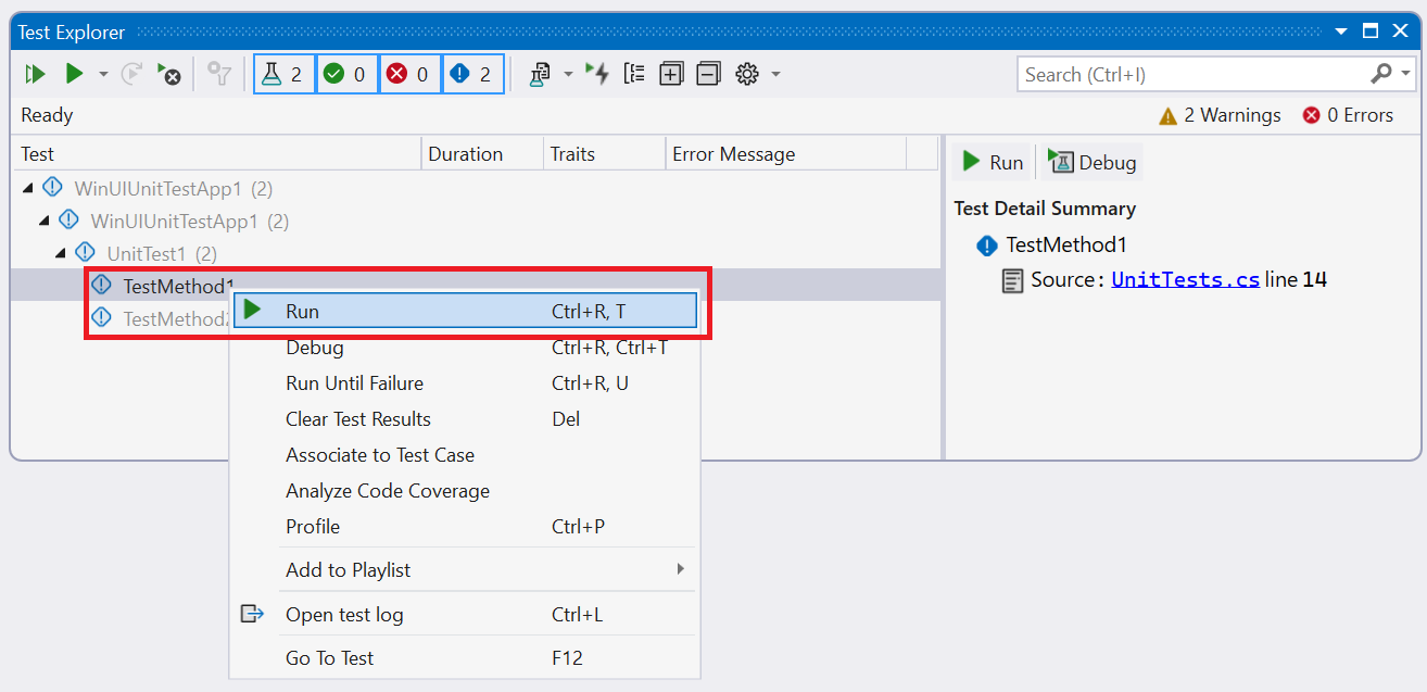 A Tesztböngésző ablakának képernyőképe Visual Studio a teszt helyi menüjében a Futtatás parancs kiemelésével.