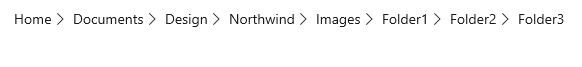 Breadcrumb sáv csomópontokkal: Kezdőlap, Dokumentumok, Tervezés, Northwind, Képek, Mappa1, Mappa2, Mappa3.