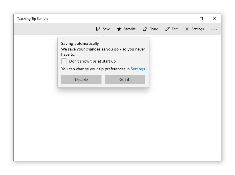 Egy mintaalkalmazás, amely a Mentés gombhoz kapcsolódó oktatótippet tartalmaz. A tipp címe: 