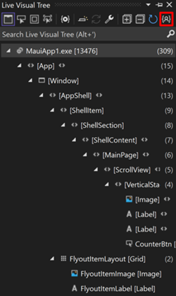 A Visual Studio élő vizualizációs fájának képernyőképe a „Just My Xaml” beállítással engedélyezve.