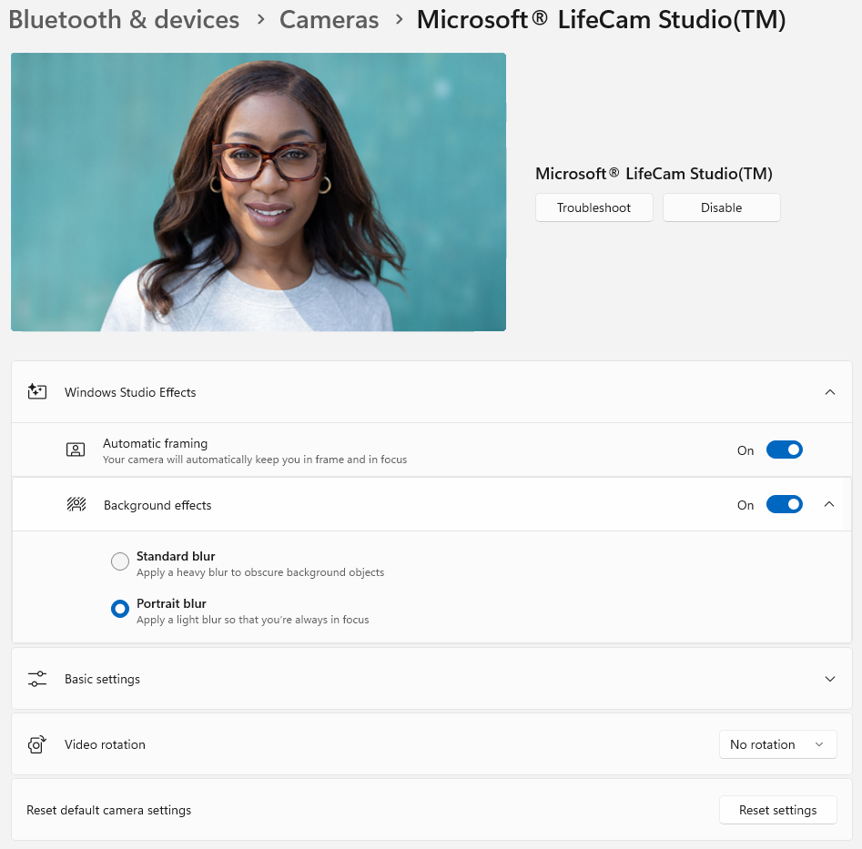 Windows Studio Effects kamerabeállítások képernyőképe