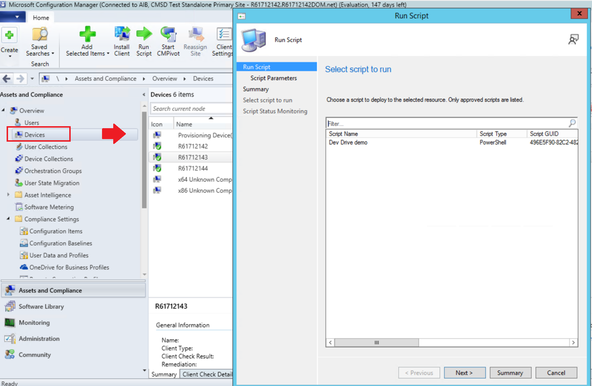 Képernyőkép a Microsoft Configuration Manager futtató szkript ablakáról, amelyen a Dev Drive bemutató szkriptje látható