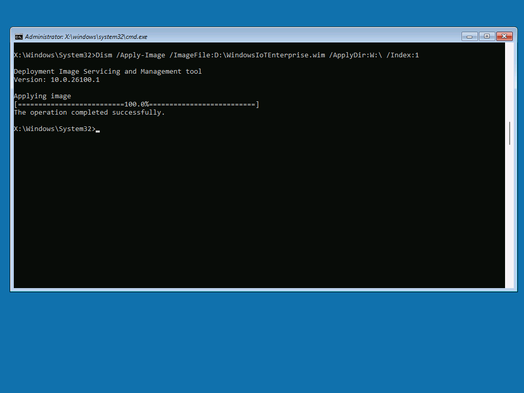 Képernyőkép a kép sikeres alkalmazásáról a DISM