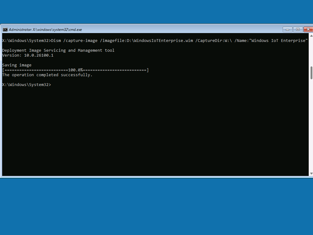 Képernyőkép a DISM segítségével történt kép sikeres rögzítéséről