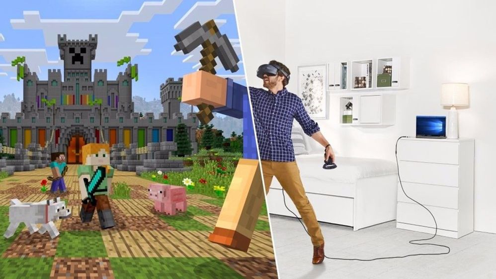 Képernyőkép arról, hogy a Minecraftot egy vegyes valóságú headsetet viselő felhasználó játssza le