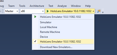 HoloLens Emulator az üzembehelyezési céllistában