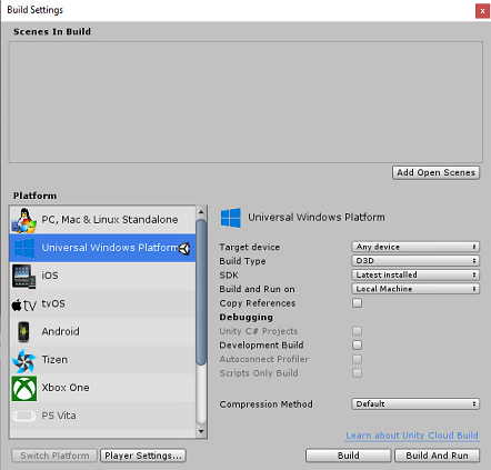 Screenshot of the Build Settings window, showing the Platform selection list. Universal Windows Platform is selected.