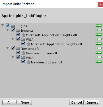 Screenshot of the Import Unity Package dialog box showing all items checked.