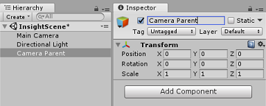 Képernyőkép a Hierarchia panelről, amelyen a Kamera szülője van kijelölve. Az Inspector panel 