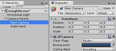 Screenshot of the Hierarchy panel with Main Camera selected, the Inspector panel shows Main Camera checked.