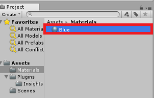 Screenshot of the Project panel. Blue is highlighted in the Materials pane.