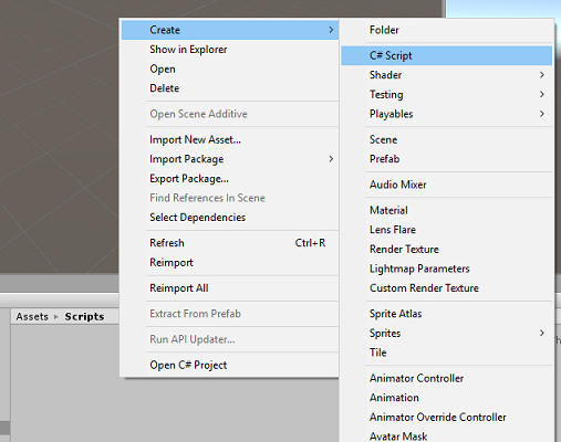 Screenshot showing menu options where the options, Create and C# Script are selected.