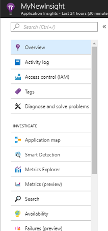 Screenshot of the MyNewInsight panel showing the list of options. Metrics Explorer is listed in the Investigate section.