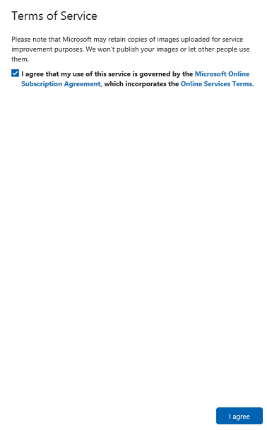 Képernyőkép a Szolgáltatási feltételek panelről.