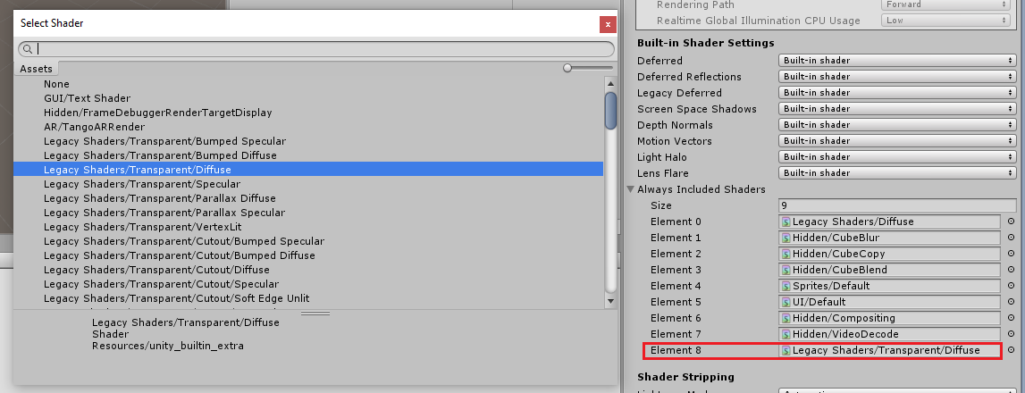 Az örökölt árnyékolókat/átlátszó/diffúz árnyékolót kiemelő képernyőkép.