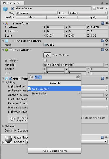 A GazeCursor szkript hozzáadásának helyét bemutató képernyőkép.