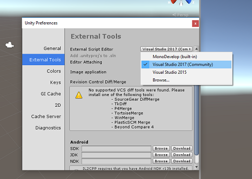 Képernyőkép a Unity-beállítások ablakról a szükséges beállításokkal.