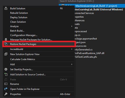 Képernyőkép a Visual Studio ablakáról, amely a Kiemelt Nu Get Packages visszaállítási menüelemét mutatja.