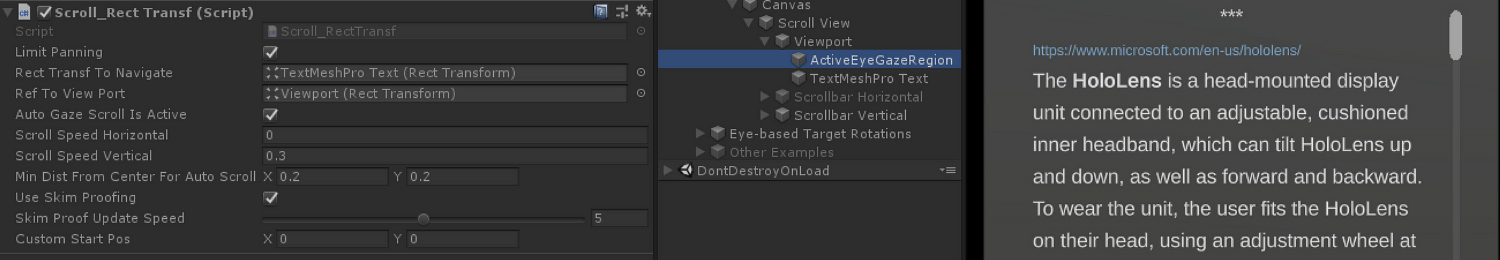 Eye-supported scroll setup in Unity