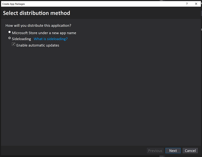 A Sideloading használatával megjelenített Csomagok létrehozása párbeszédpanel