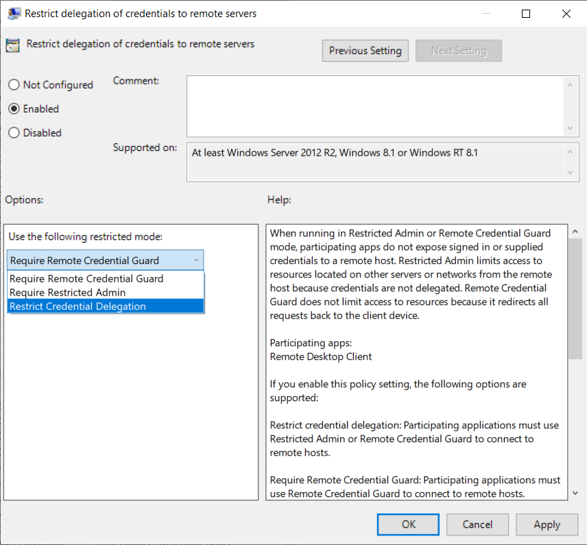 Windows Defender Remote Credential Guard Group Policy.